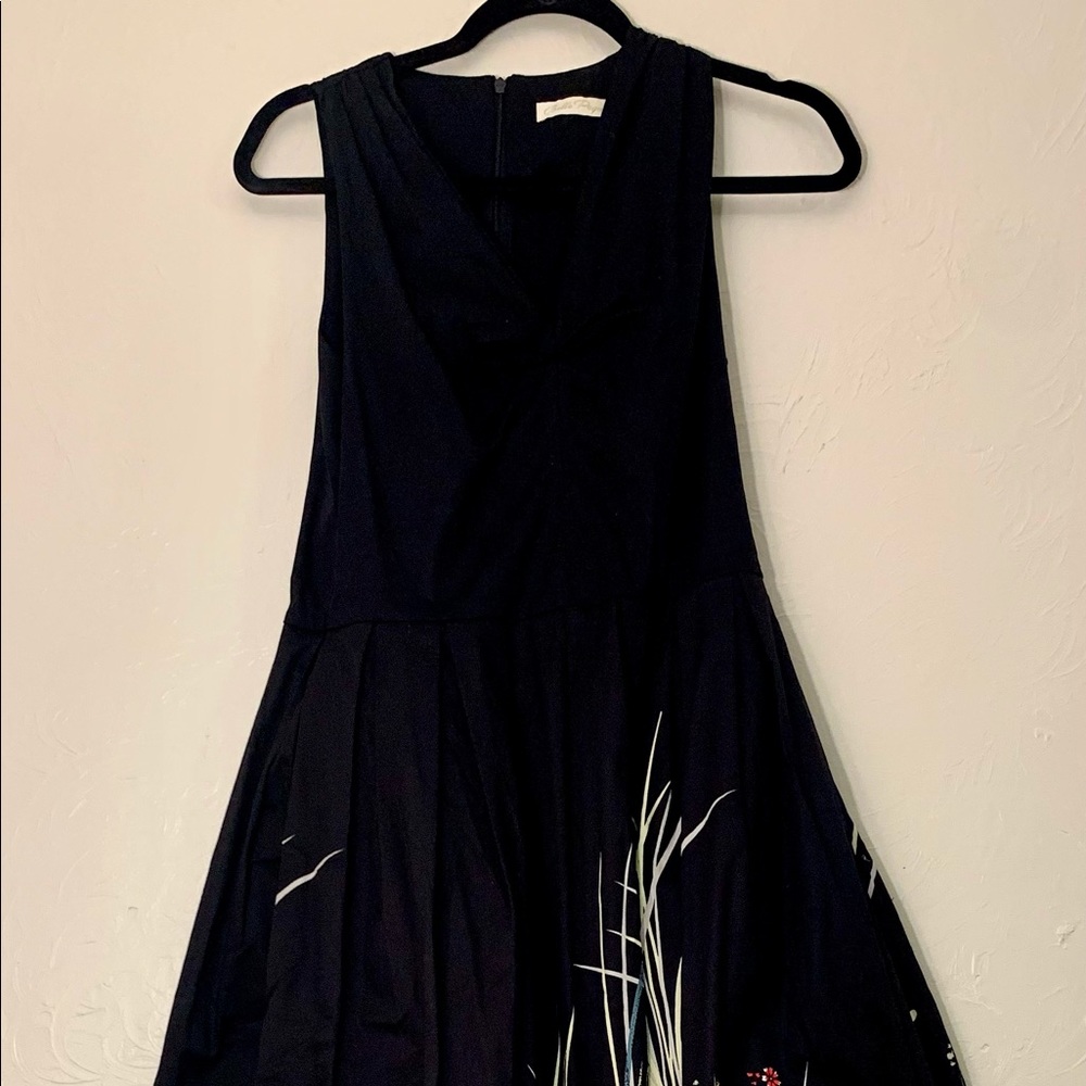 Black A-line dress with swans and reeds